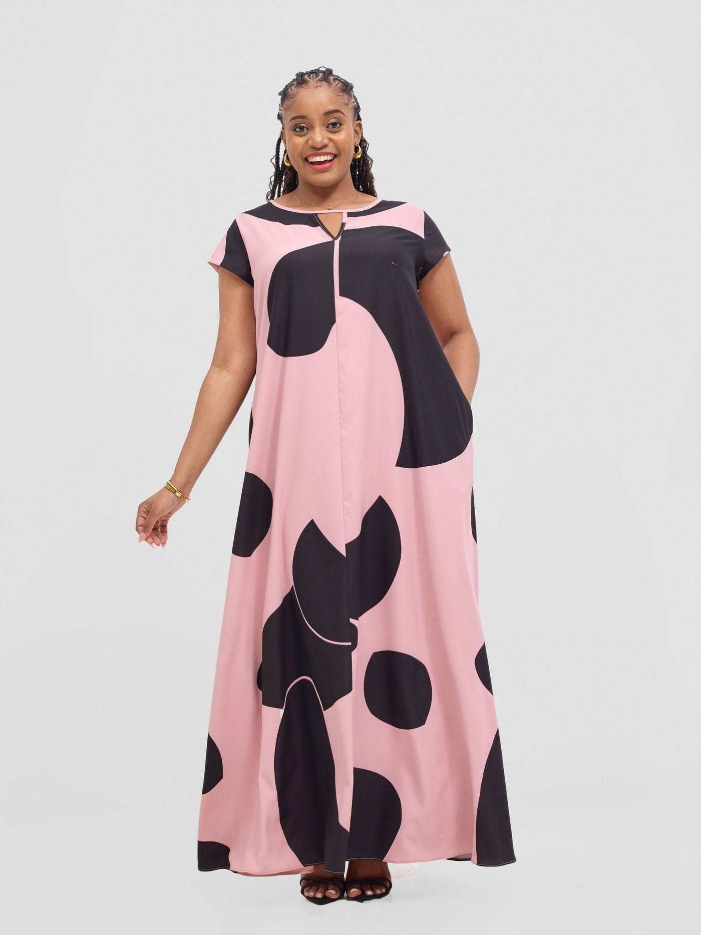 Vivo Sakari Cap Sleeve Maxi Dress - Blush Pink / Black Meda Print - Shopzetu