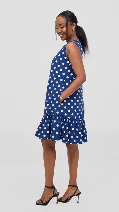 Vivo Dalia Sleeveless Gathered Tent Dress - Navy / White Print - Shopzetu