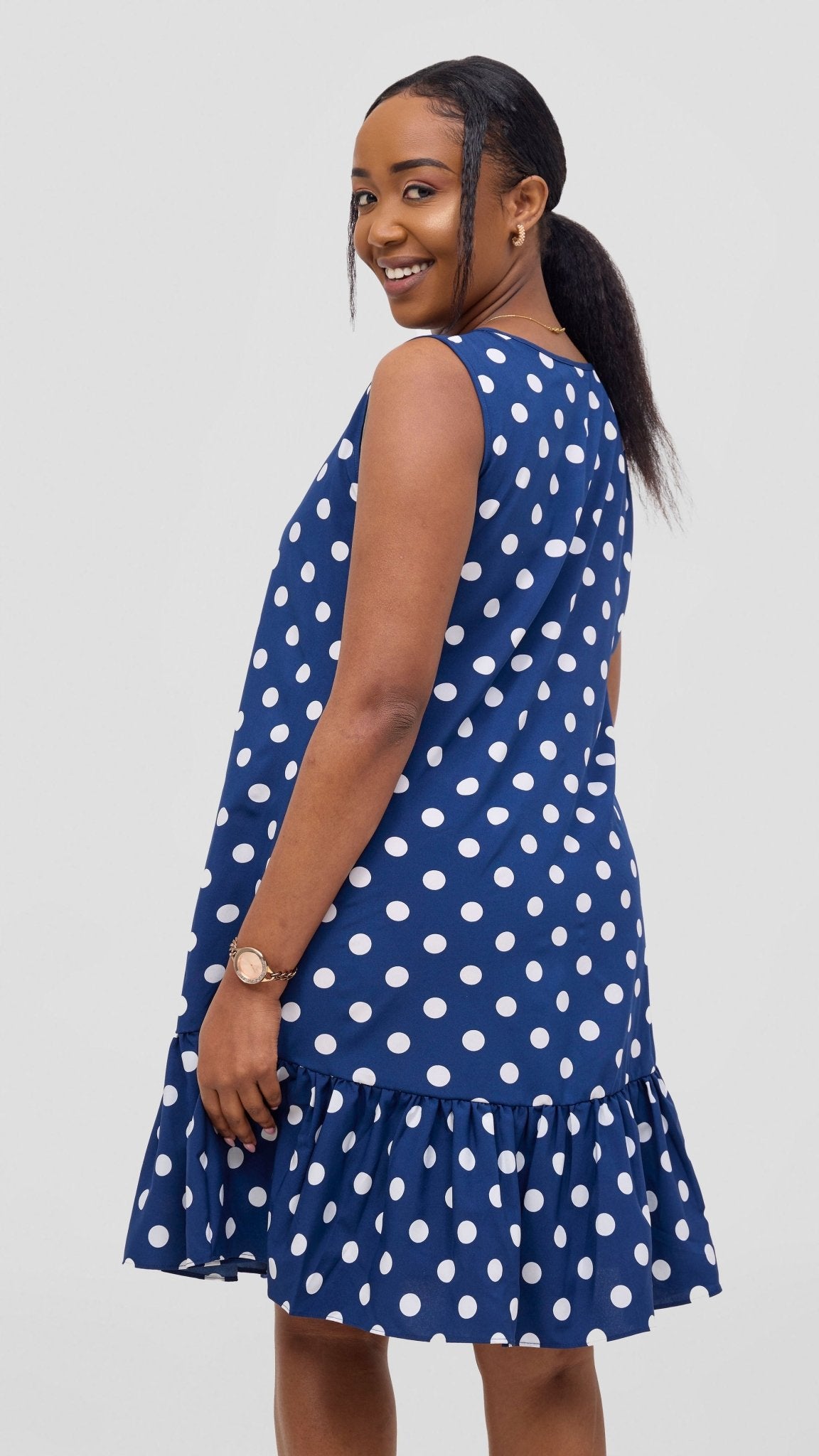 Vivo Dalia Sleeveless Gathered Tent Dress - Navy / White Print - Shopzetu