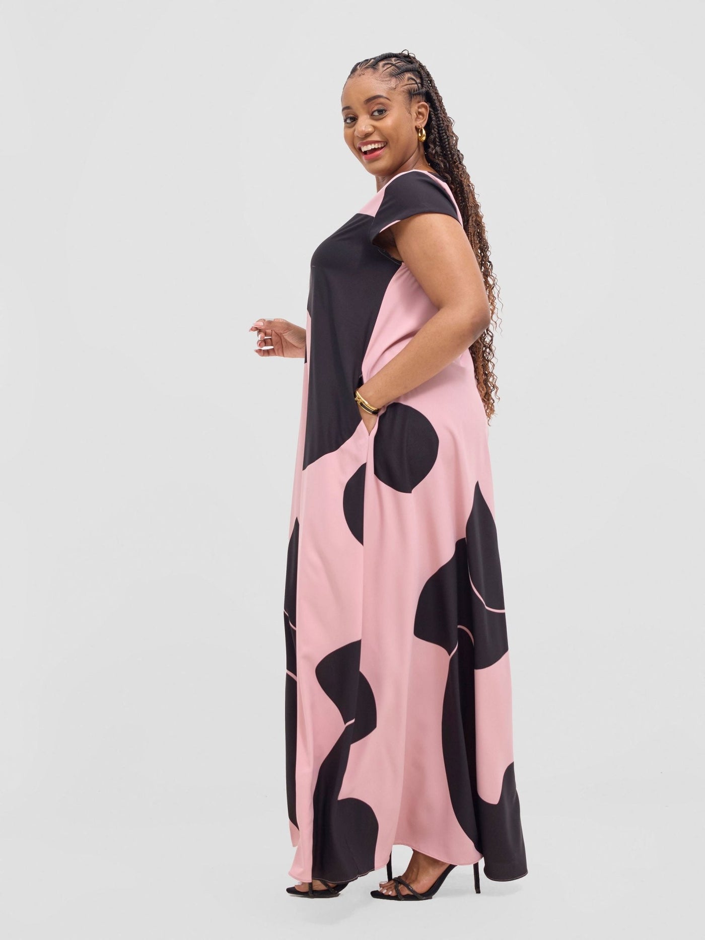 Vivo Sakari Cap Sleeve Maxi Dress - Blush Pink / Black Meda Print - Shopzetu