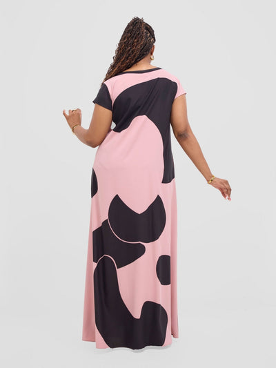 Vivo Sakari Cap Sleeve Maxi Dress - Blush Pink / Black Meda Print - Shopzetu