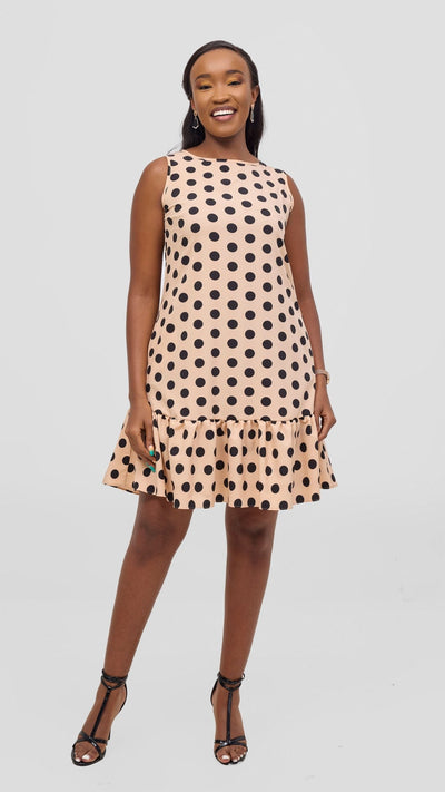 Vivo Dalia Sleeveless Gathered Tent Dress - Beige / Black Print - Shopzetu
