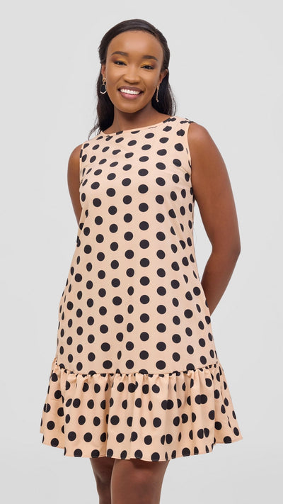 Vivo Dalia Sleeveless Gathered Tent Dress - Beige / Black Print - Shopzetu