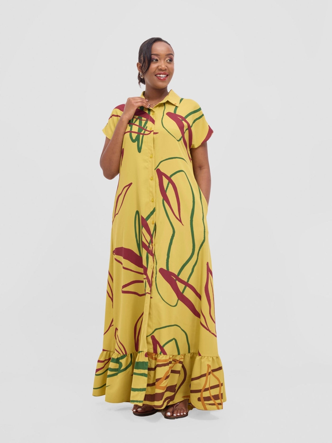 Vivo Asha Drop Shoulder Maxi Shirt Dress - Mustard Yellow / Burgundy Piko Print - Shopzetu