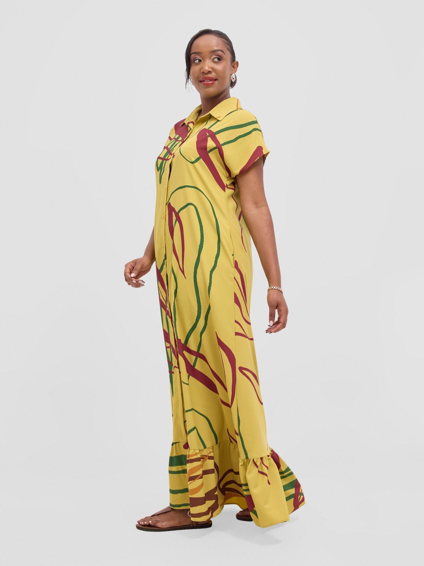 Vivo Asha Drop Shoulder Maxi Shirt Dress - Mustard Yellow / Burgundy Piko Print - Shopzetu
