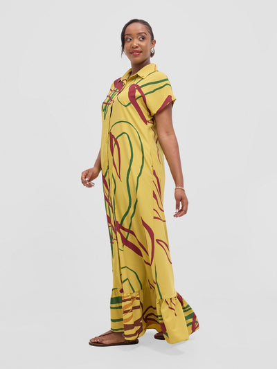 Vivo Asha Drop Shoulder Maxi Shirt Dress - Mustard Yellow / Burgundy Piko Print - Shopzetu