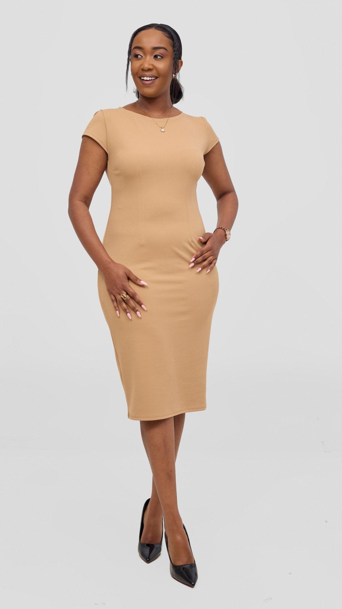 Vivo Imara Cap Sleeve Sheath Dress - Taupe - Shopzetu