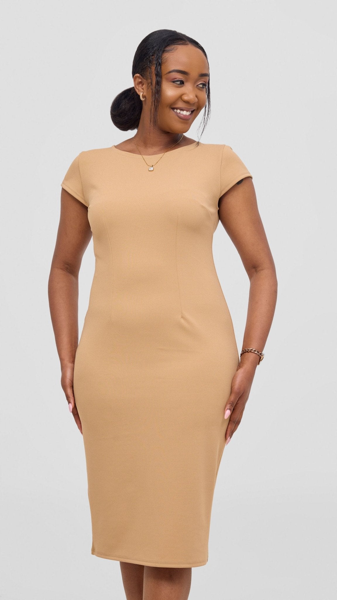 Vivo Imara Cap Sleeve Sheath Dress - Taupe - Shopzetu