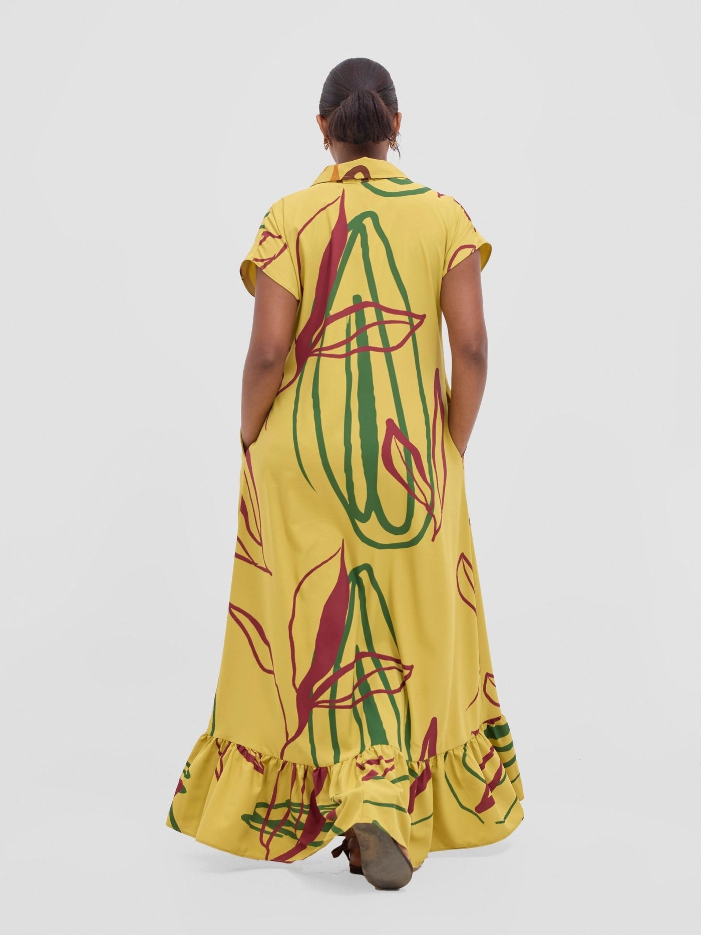 Vivo Asha Drop Shoulder Maxi Shirt Dress - Mustard Yellow / Burgundy Piko Print - Shopzetu