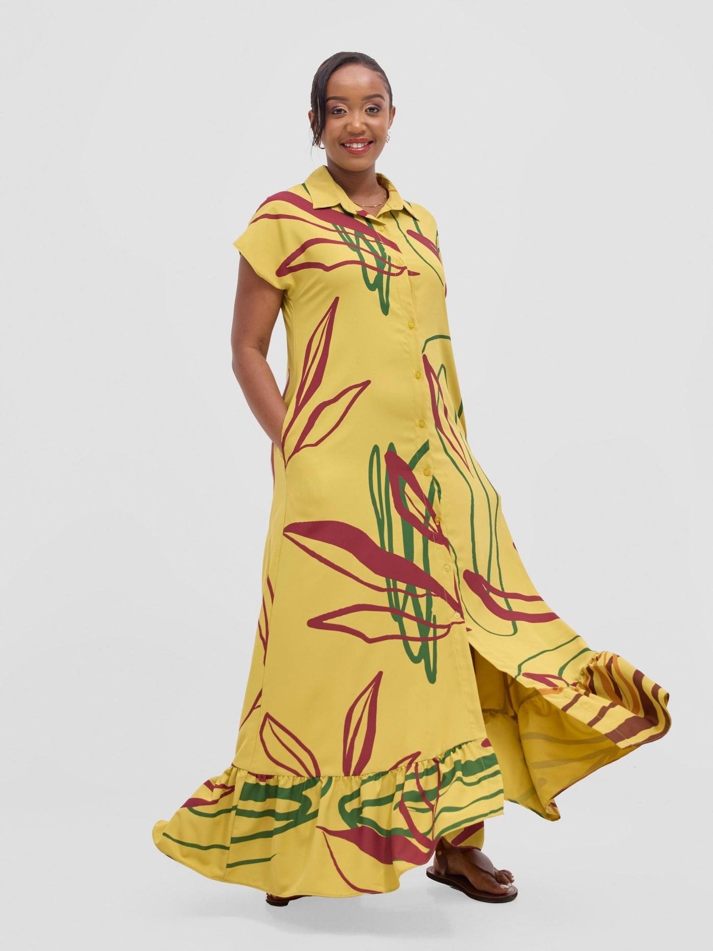 Vivo Asha Drop Shoulder Maxi Shirt Dress - Mustard Yellow / Burgundy Piko Print - Shopzetu