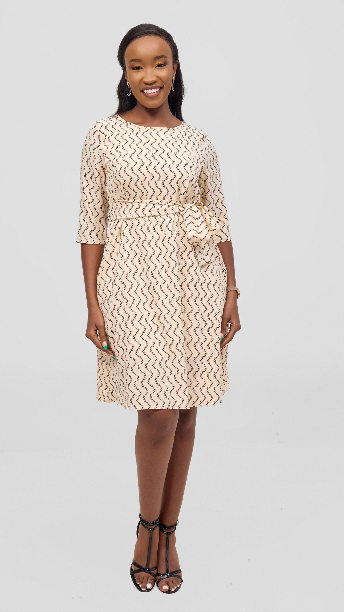 Vivo Laika 3/4 Sleeve Tent Dress - Cream / Rust Print - Shopzetu