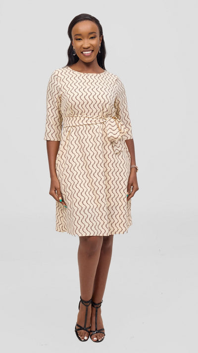 Vivo Laika 3/4 Sleeve Tent Dress - Cream / Rust Print - Shopzetu
