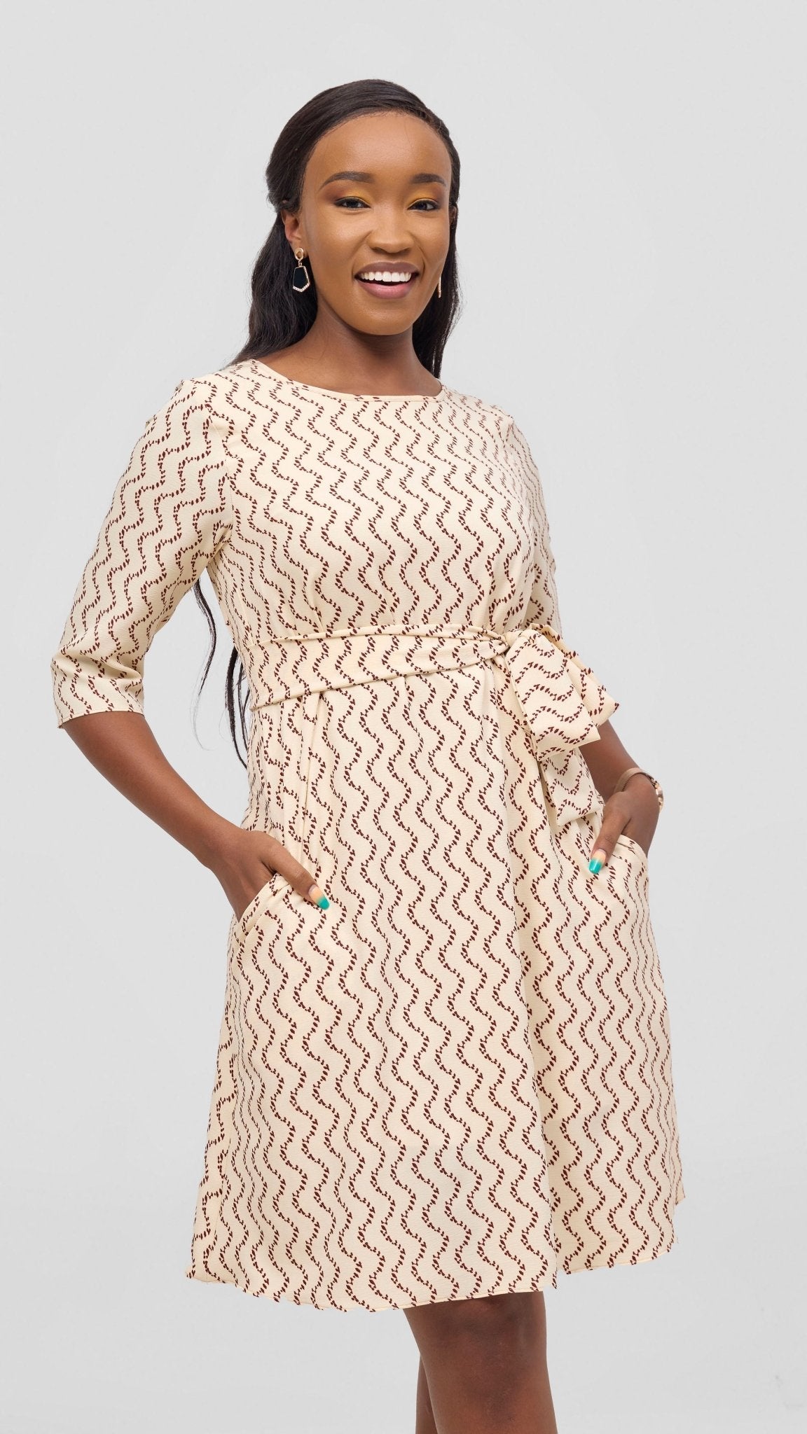 Vivo Laika 3/4 Sleeve Tent Dress - Cream / Rust Print - Shopzetu