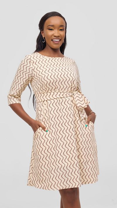 Vivo Laika 3/4 Sleeve Tent Dress - Cream / Rust Print - Shopzetu