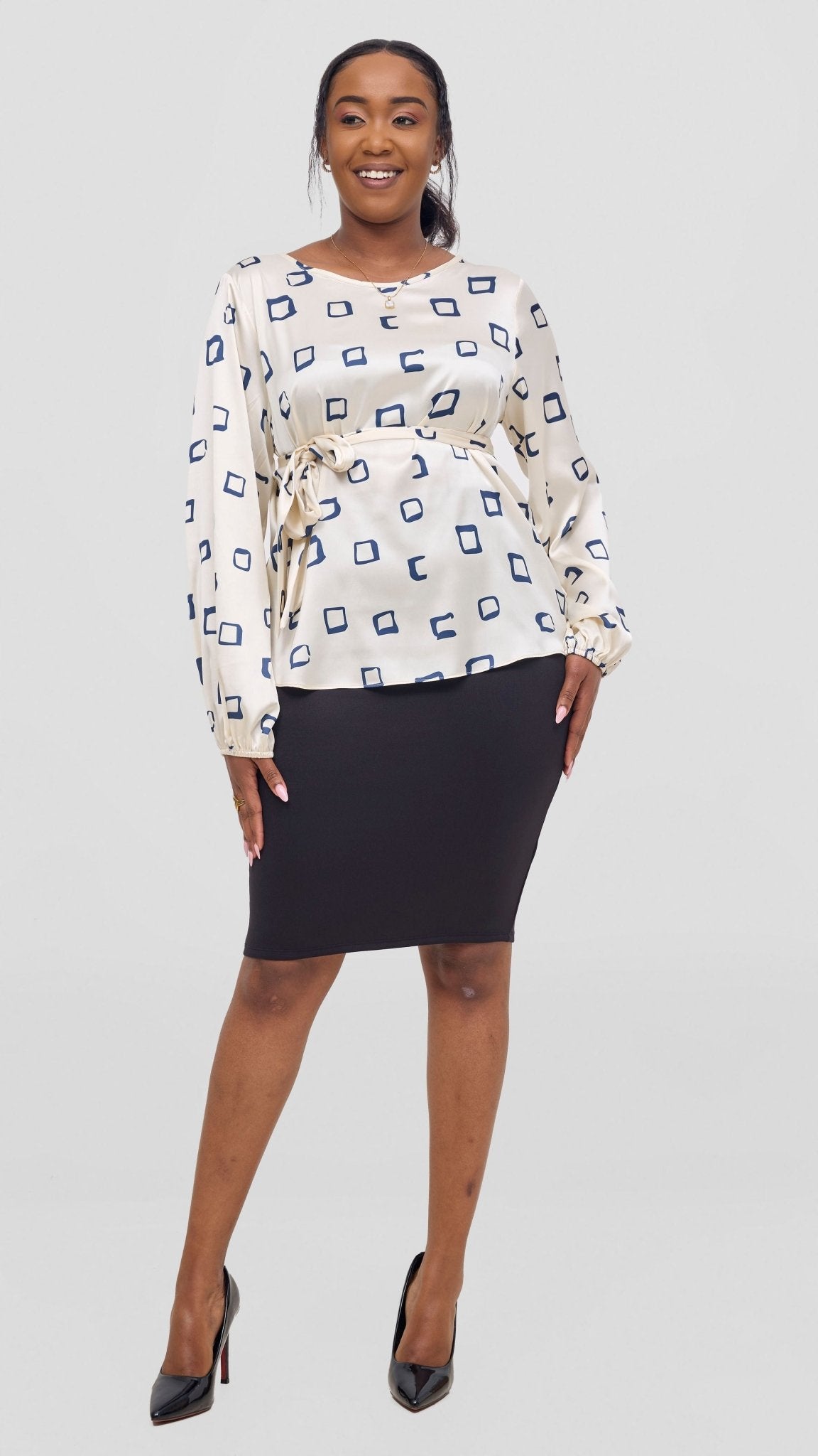 Vivo Basic Satin Bishop Sleeve Top - Off White / Navy Nita Print - Shopzetu