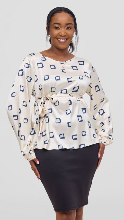 Vivo Basic Satin Bishop Sleeve Top - Off White / Navy Nita Print - Shopzetu