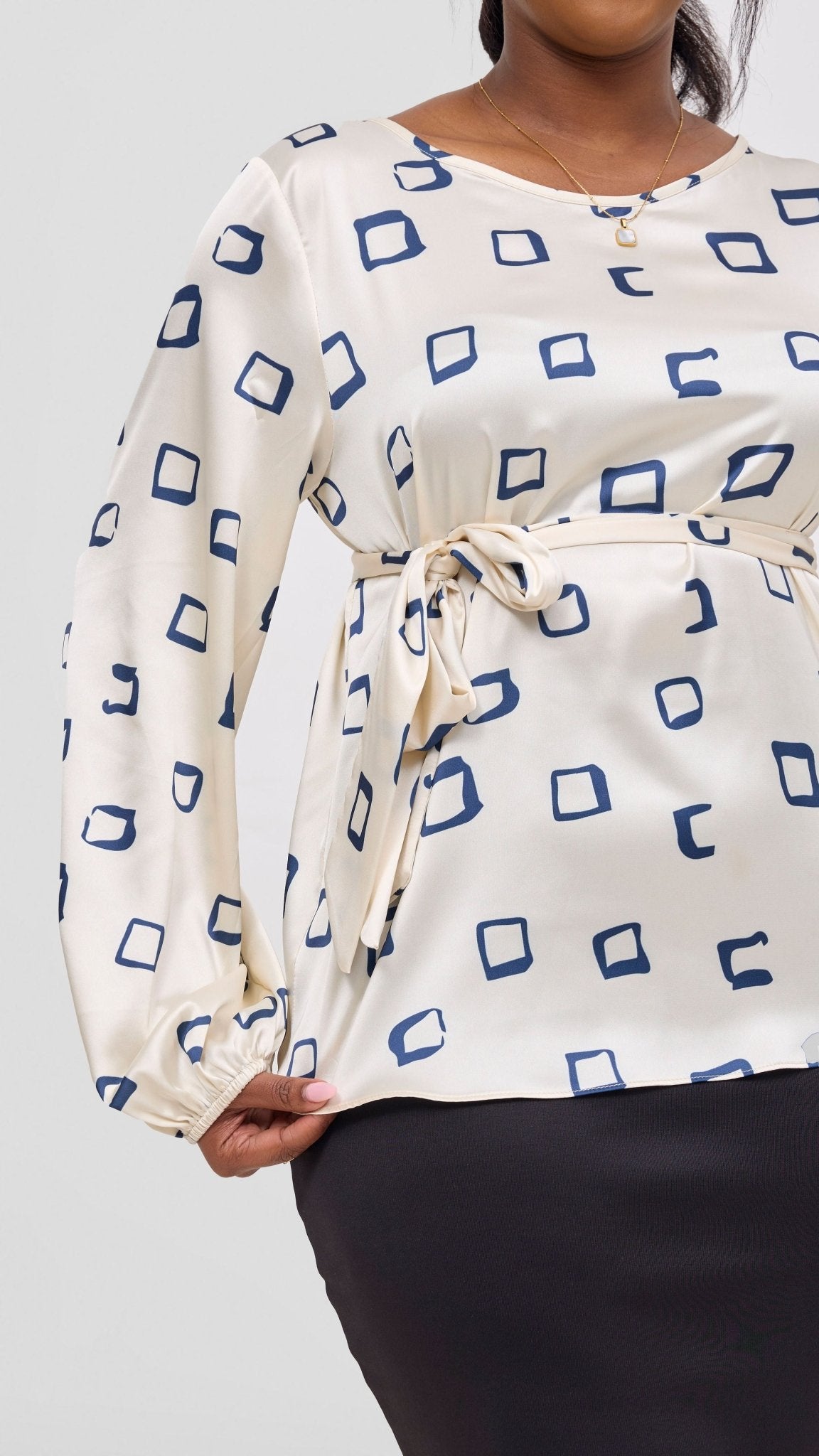 Vivo Basic Satin Bishop Sleeve Top - Off White / Navy Nita Print - Shopzetu