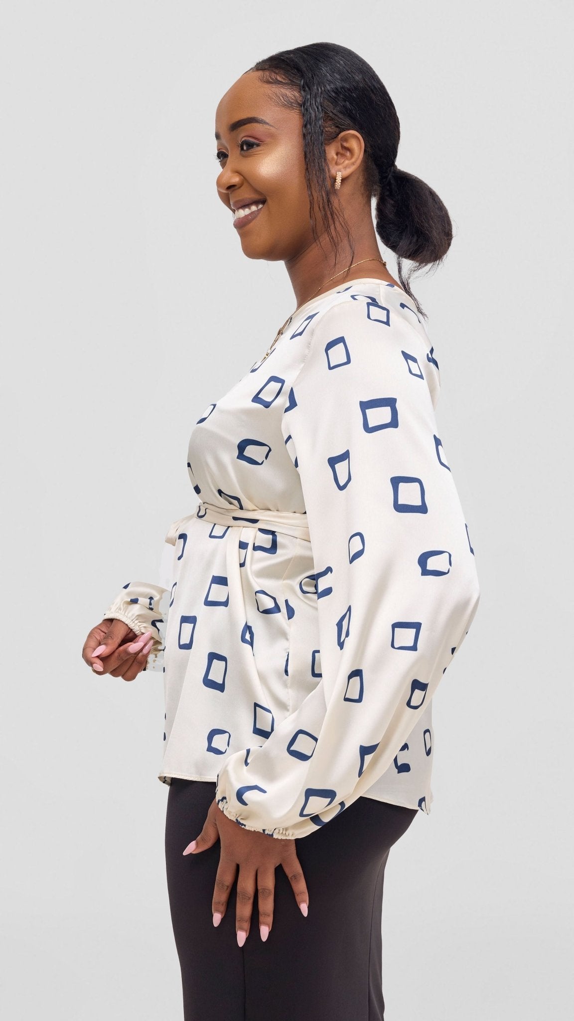Vivo Basic Satin Bishop Sleeve Top - Off White / Navy Nita Print - Shopzetu