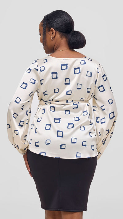 Vivo Basic Satin Bishop Sleeve Top - Off White / Navy Nita Print - Shopzetu