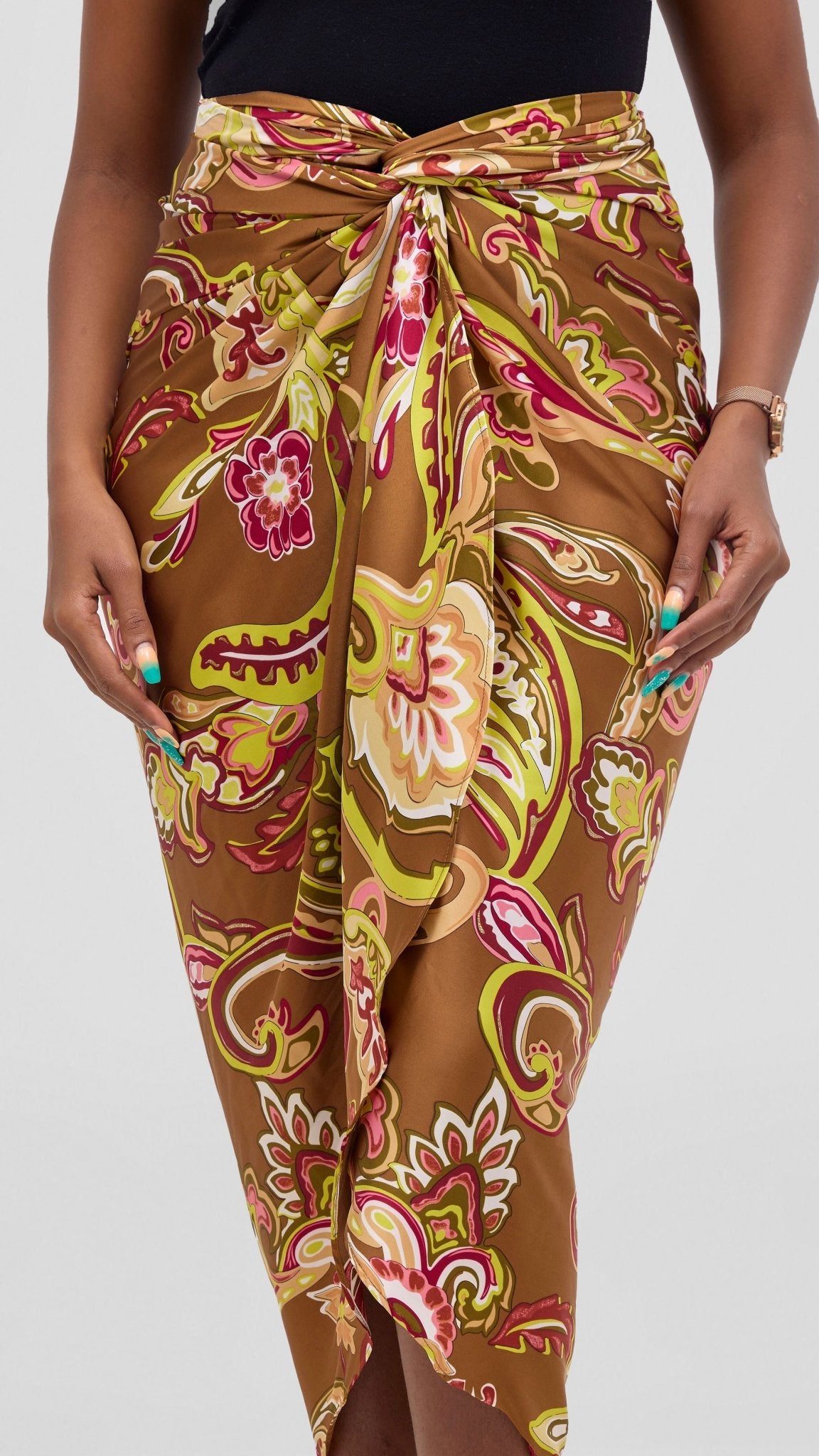 Vivo Sarong Skirt - Dark Tan / Lime Print - Shopzetu