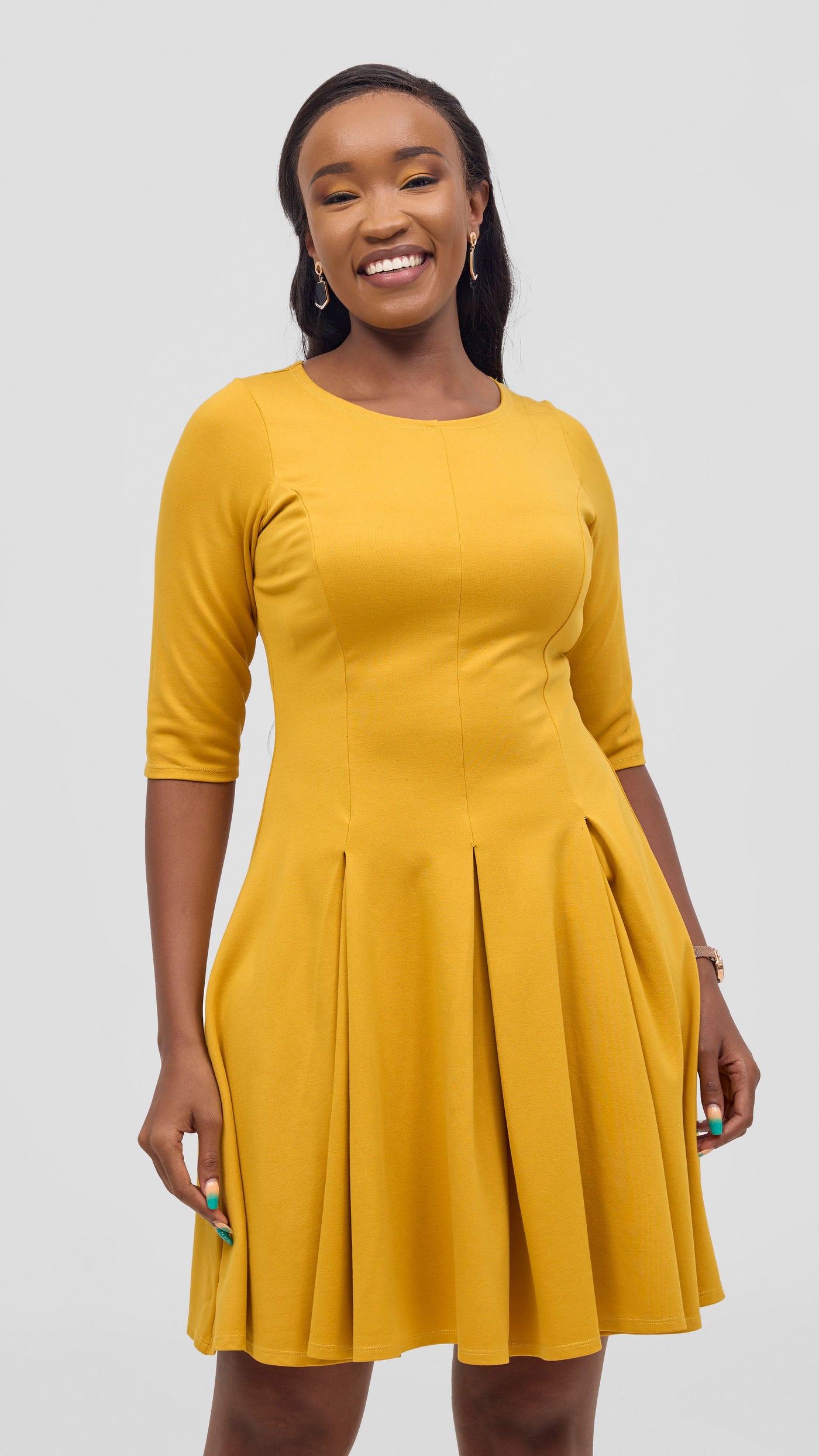 Vivo Aleri A-Line Pleated Dress - Mustard