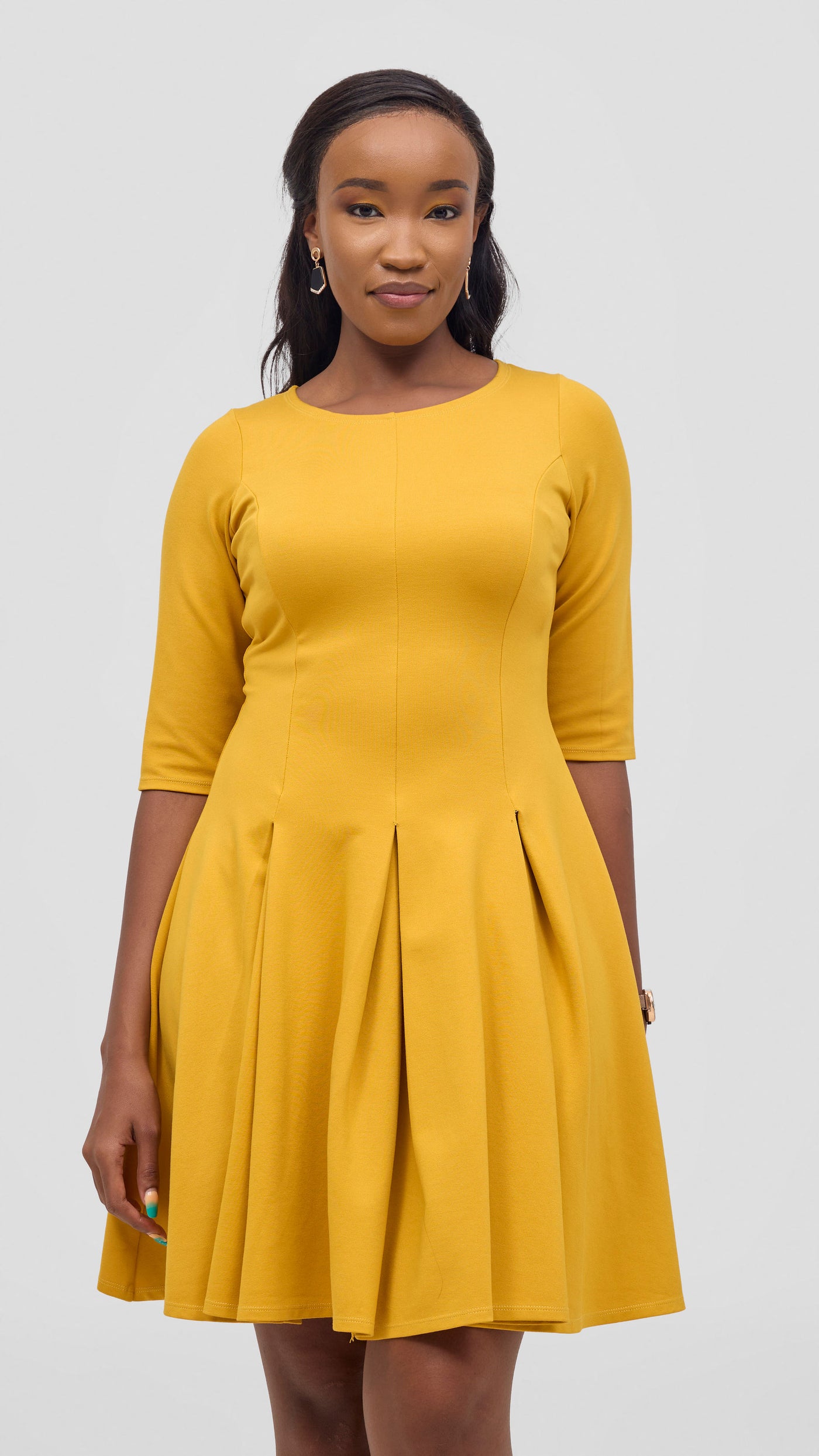 Vivo Aleri A-Line Pleated Dress - Mustard