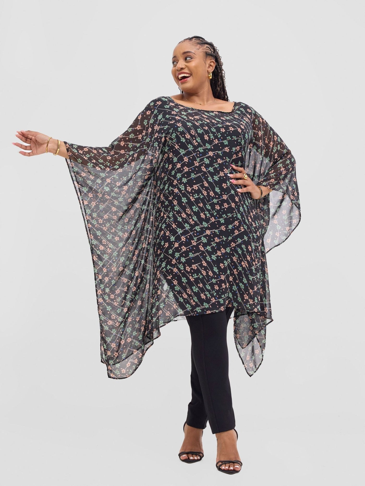 Vivo Basic Destiny Chiffon Top - Green / Pink Print - Shopzetu