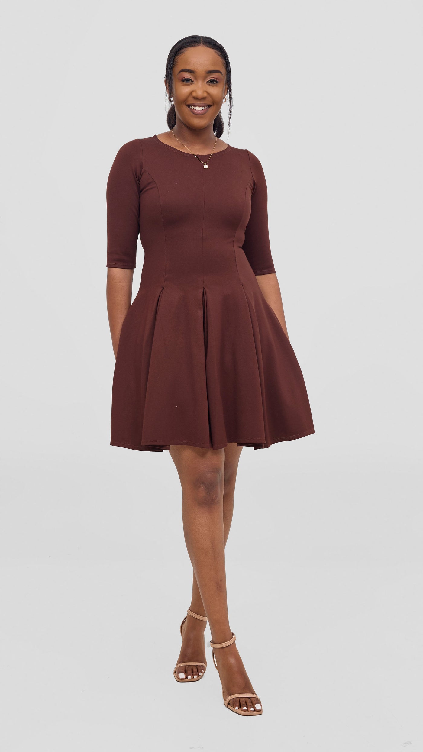 Vivo Aleri A-Line Pleated Dress - Chocolate