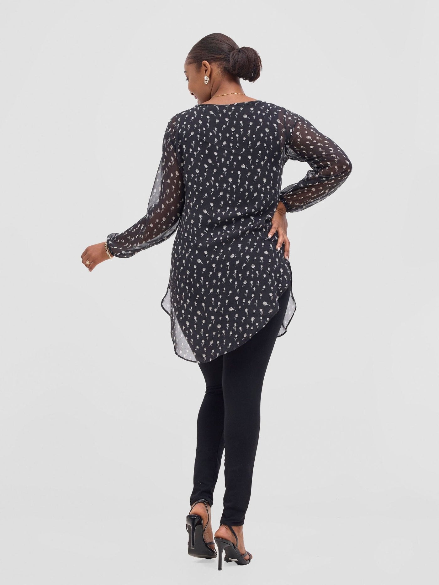 Vivo Basic Tsavo Scalloped Chiffon Top - Black / White Rosa Print - Shopzetu