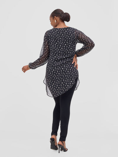 Vivo Basic Tsavo Scalloped Chiffon Top - Black / White Rosa Print - Shopzetu