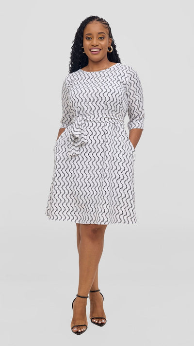 Vivo Laika 3/4 Sleeve Tent Dress - White / Black Print - Shopzetu