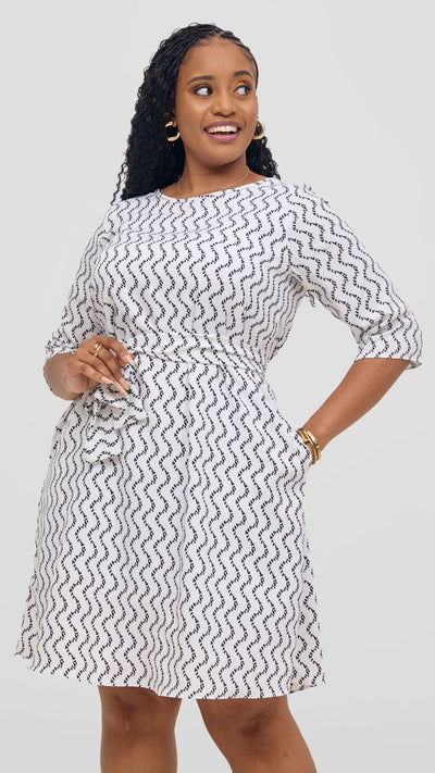 Vivo Laika 3/4 Sleeve Tent Dress - White / Black Print - Shopzetu