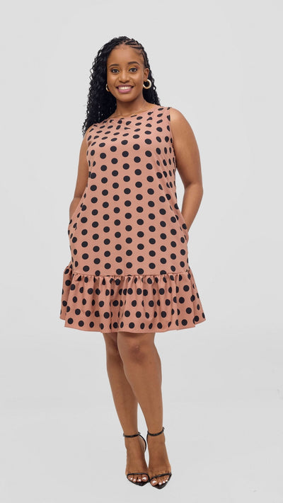 Vivo Dalia Sleeveless Gathered Tent Dress - Taupe / Black Print - Shopzetu
