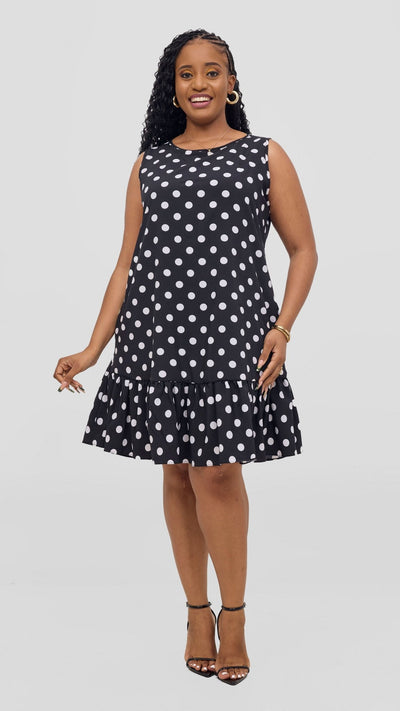 Vivo Dalia Sleeveless Gathered Tent Dress - Black / White Print - Shopzetu