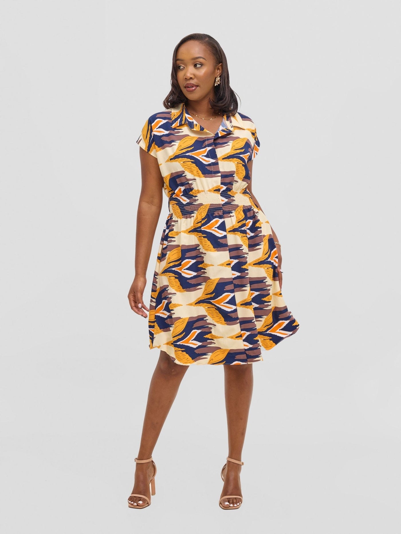 Vivo Zena Shirred Waist Shirt Dress - Beige / Mustard Print - Shopzetu