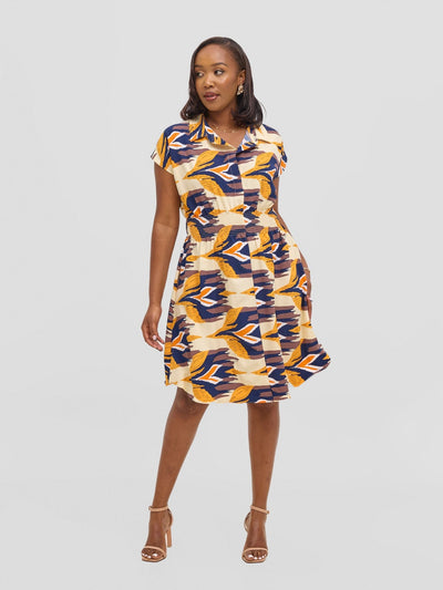 Vivo Zena Shirred Waist Shirt Dress - Beige / Mustard Print - Shopzetu