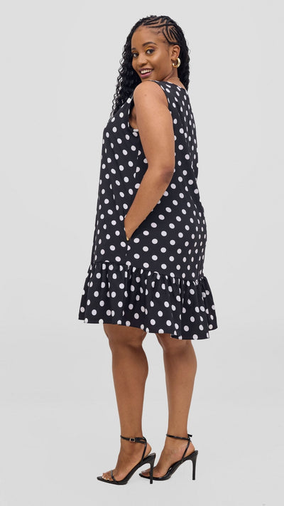Vivo Dalia Sleeveless Gathered Tent Dress - Black / White Print - Shopzetu