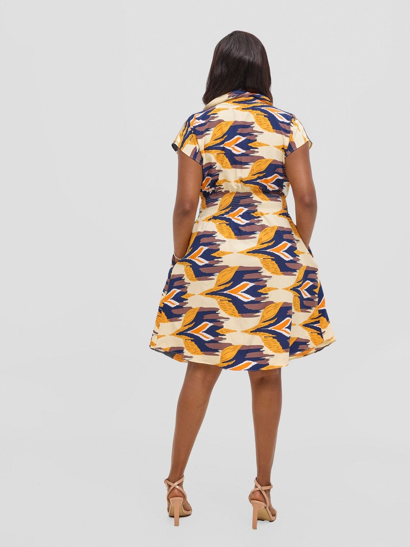 Vivo Zena Shirred Waist Shirt Dress - Beige / Mustard Print - Shopzetu