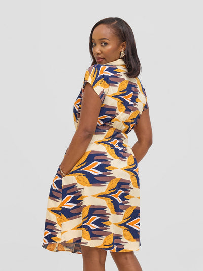 Vivo Zena Shirred Waist Shirt Dress - Beige / Mustard Print - Shopzetu