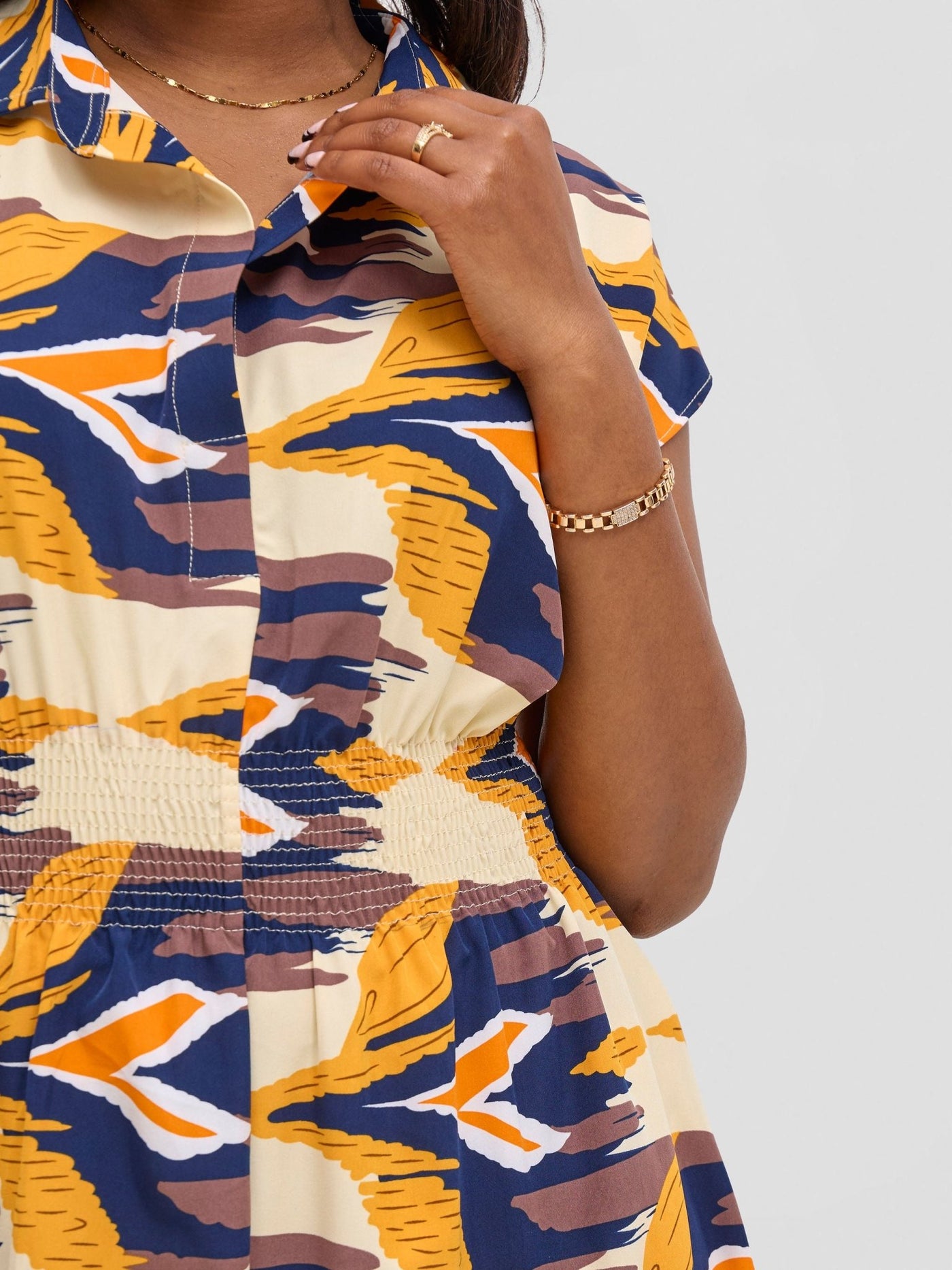 Vivo Zena Shirred Waist Shirt Dress - Beige / Mustard Print - Shopzetu