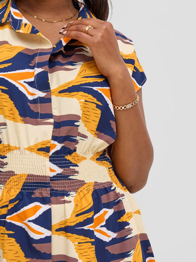 Vivo Zena Shirred Waist Shirt Dress - Beige / Mustard Print - Shopzetu