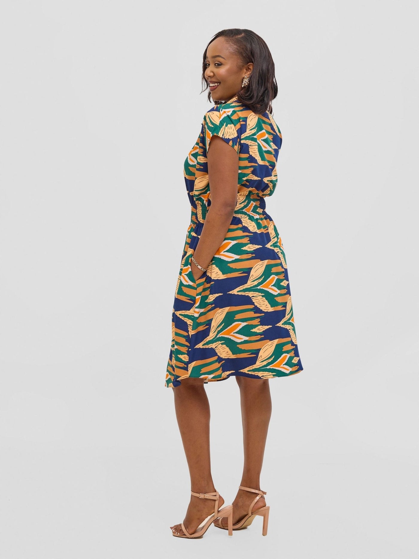 Vivo Zena Shirred Waist Shirt Dress - Green / Navy Print - Shopzetu