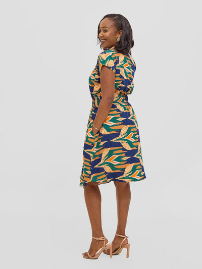 Vivo Zena Shirred Waist Shirt Dress - Green / Navy Print - Shopzetu