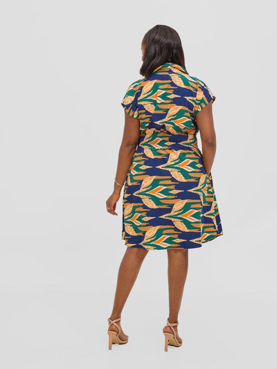 Vivo Zena Shirred Waist Shirt Dress - Green / Navy Print - Shopzetu