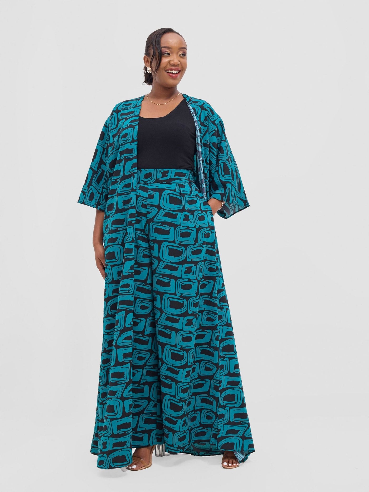 Vivo Alek 3/4 sleeve A - Line Kimono - Teal / Black Umbo Print - Shopzetu
