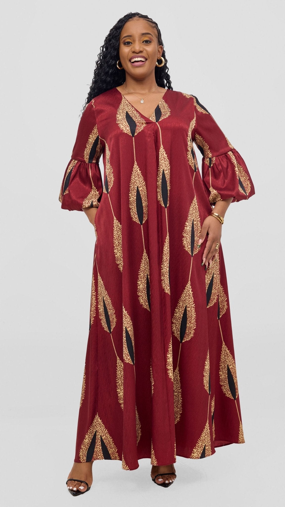 Vivo Hanabi Tent Maxi Dress - Maroon / Beige Print - Shopzetu