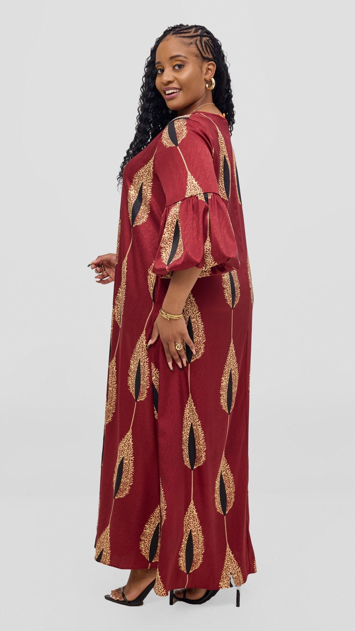 Vivo Hanabi Tent Maxi Dress - Maroon / Beige Print - Shopzetu