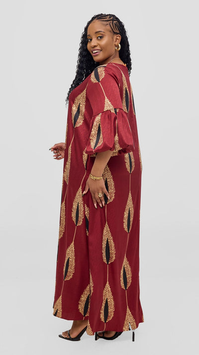 Vivo Hanabi Tent Maxi Dress - Maroon / Beige Print - Shopzetu