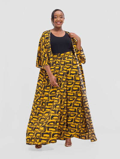 Vivo Alek 3/4 sleeve A - Line Kimono - Mustard / Black Umbo Print - Shopzetu