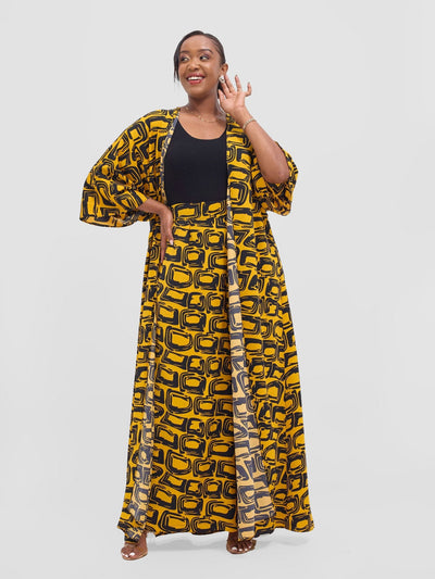 Vivo Alek 3/4 sleeve A - Line Kimono - Mustard / Black Umbo Print - Shopzetu